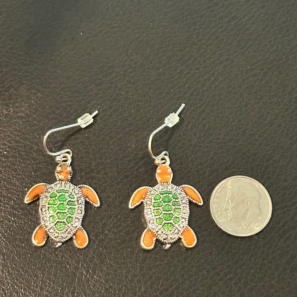 Green Orange Enamel Sea Turtle Drop Earrings Silver Tone Coastal Beach Jewelry - Picture 2 of 4